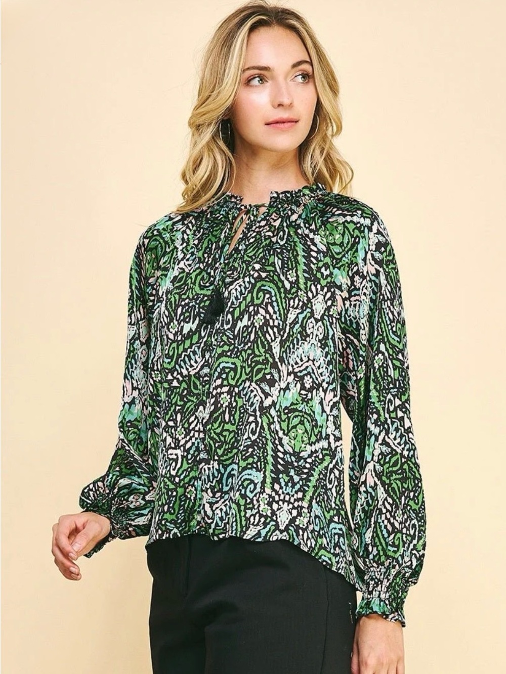 Pinch Green Multi-Print Long-Sleeve Satin Blouse